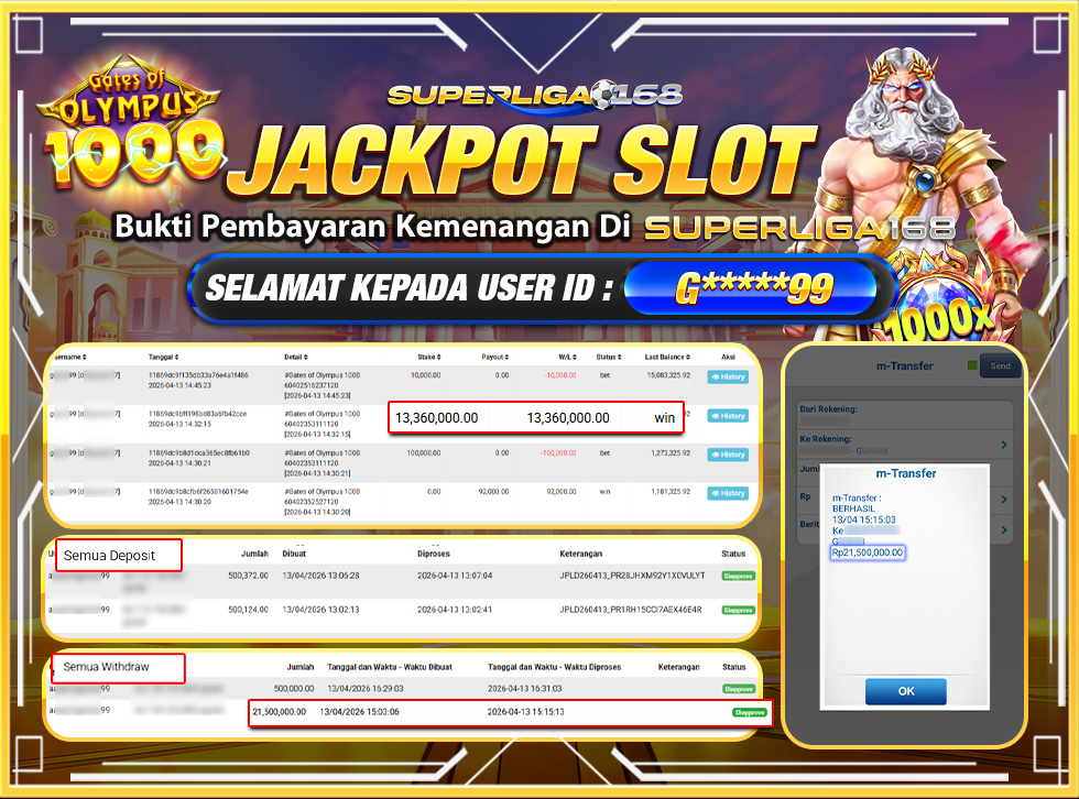 SUPERLIGA168 JACKPOT GATES OF OLYMPUS 1000 Rp.21,500,000,LUNASSSSS